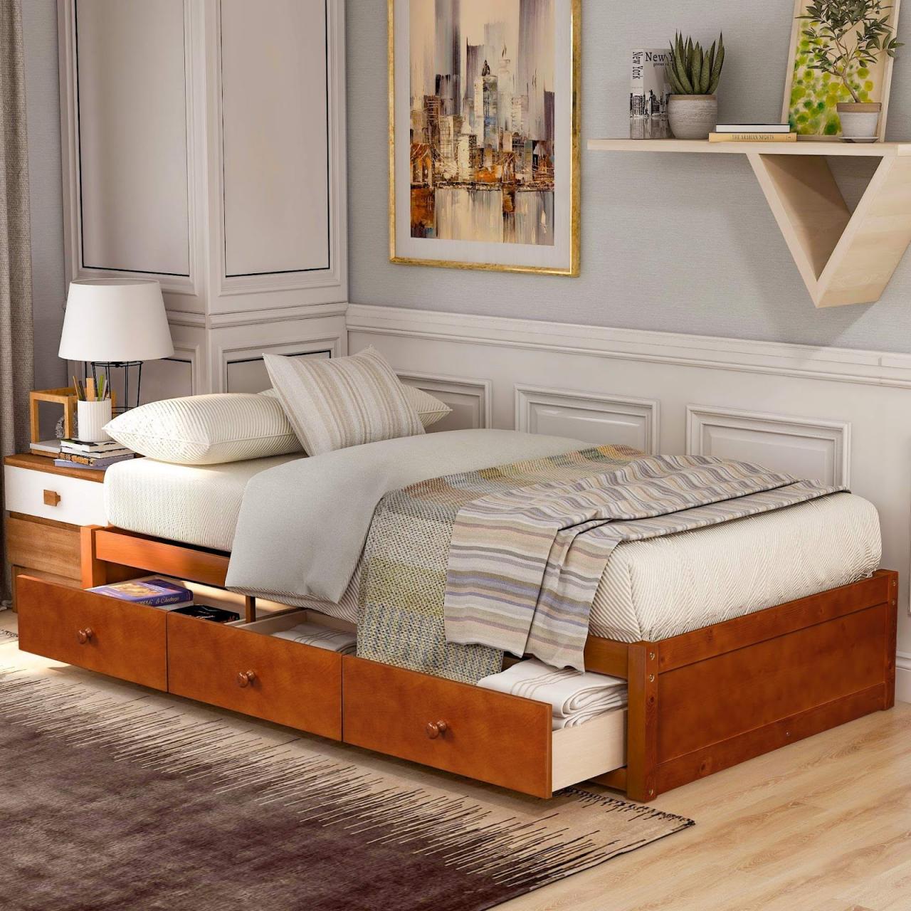 Mẫu giường gỗ có ngăn kéo vân gỗ sáng hài hòa với mọi không gian.