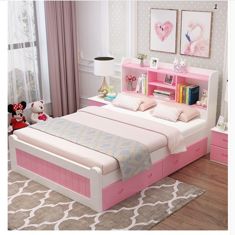 Mẫu giường gỗ có ngăn kéo gam màu pastel ngọt ngào.